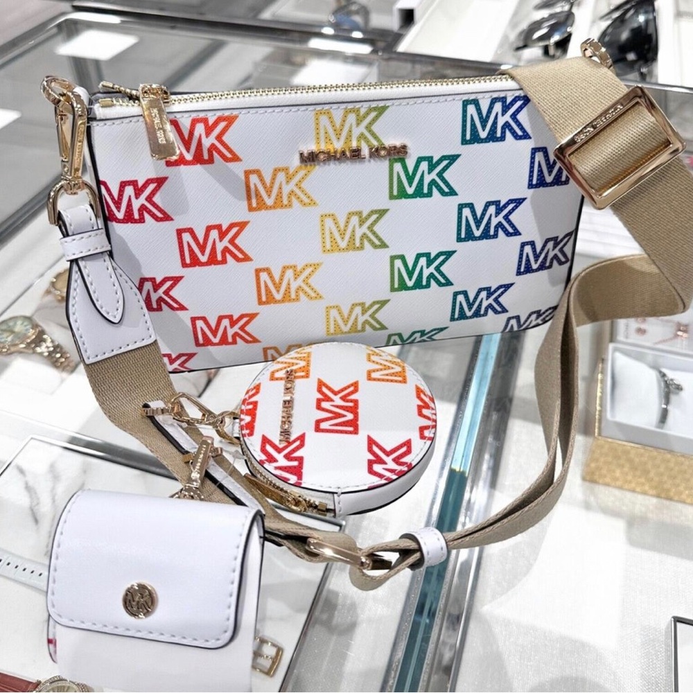 Michael Kors optic white and multi color Jet Set Crossbody w/AirPod case